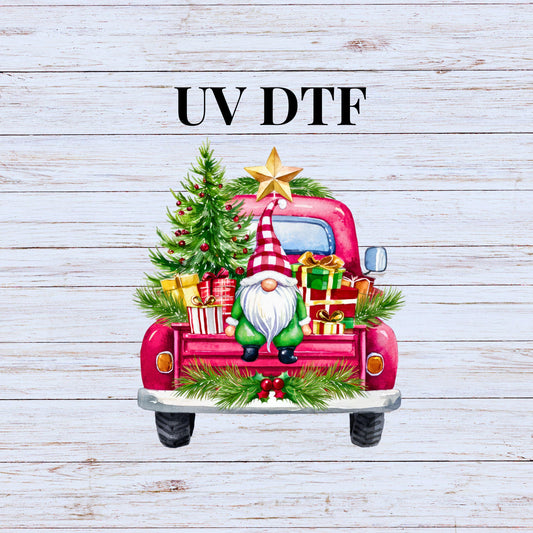 UV DTF Sticker print Pink Truck Gnomes and Christmas Tree decal, tumbler decal, permanent sticker. Uv wrap for glass can tumbler. #7062