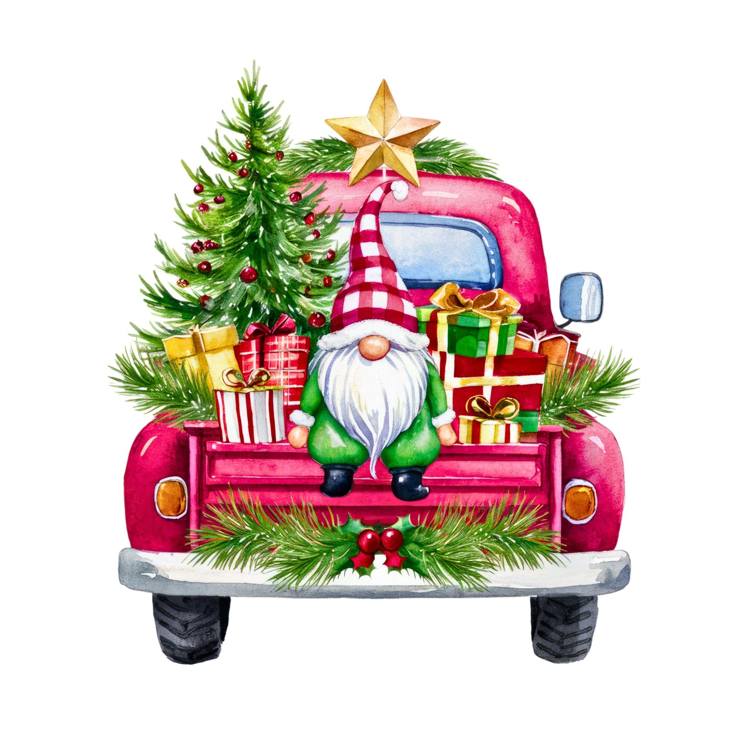 UV DTF Sticker print Pink Truck Gnomes and Christmas Tree decal, tumbler decal, permanent sticker. Uv wrap for glass can tumbler. #7062