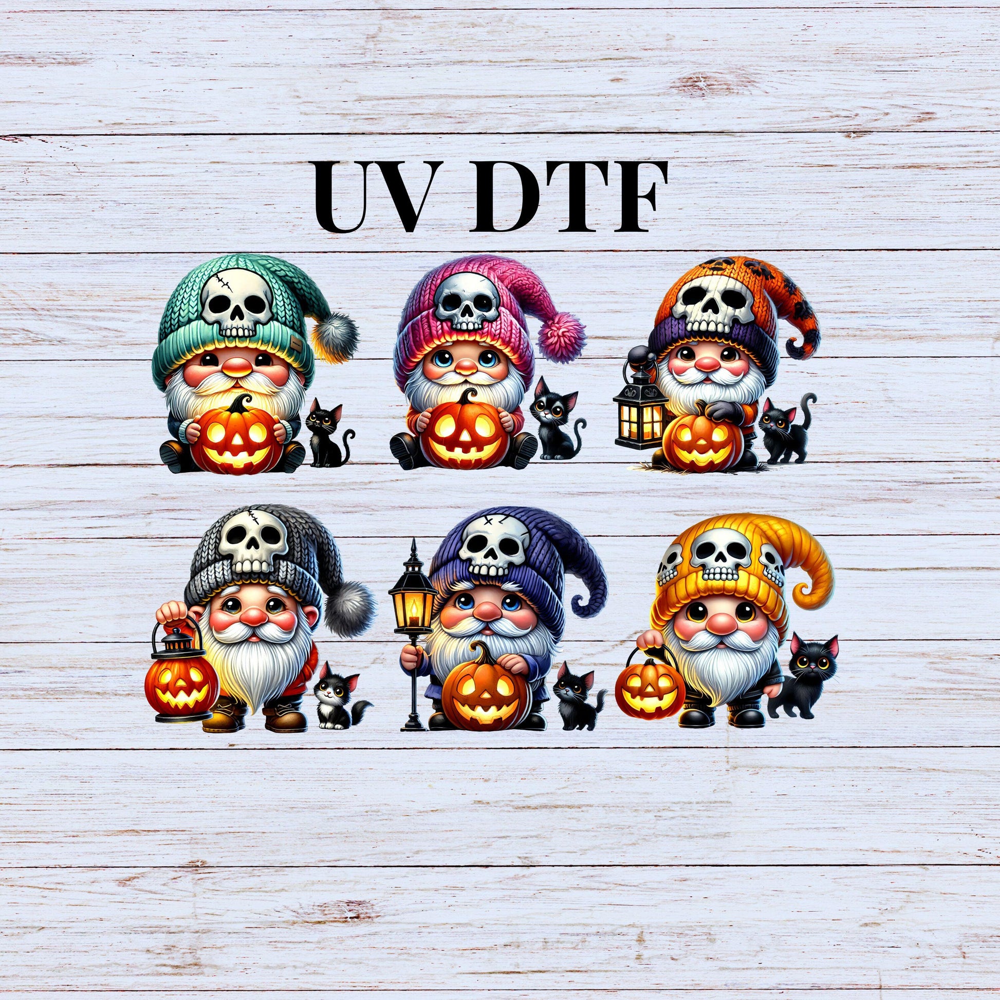 UV DTF Sticker print. Gnome Halloween Skull Hat Bundle decal, tumbler decal. UV wrap for glass can tumbler.#7095