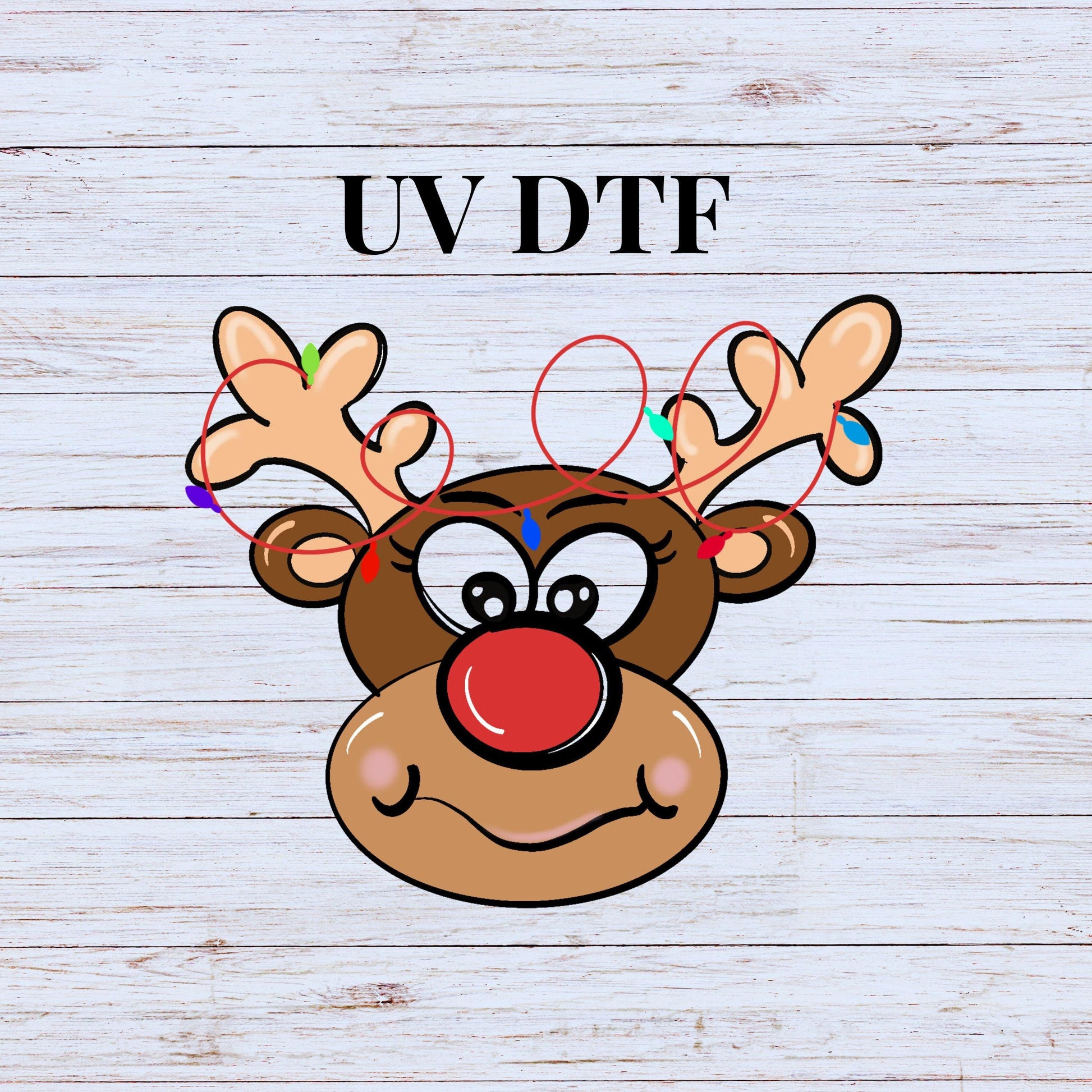 UV DTF Sticker print. Cute Reindeer face with Christmas lights decal, tumbler decal. UV wrap for glass can tumbler.#7095