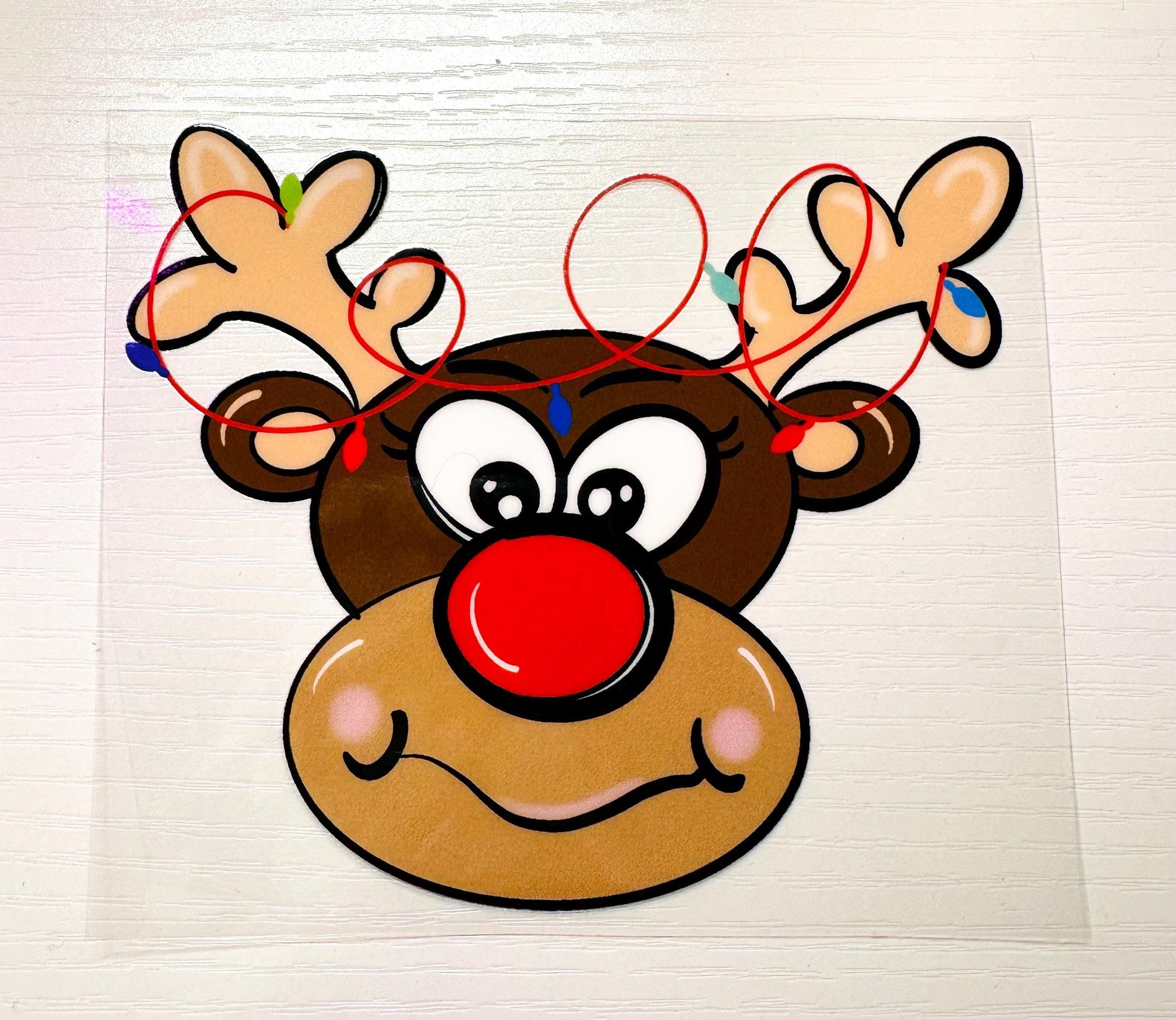 UV DTF Sticker print. Cute Reindeer face with Christmas lights decal, tumbler decal. UV wrap for glass can tumbler.#7095