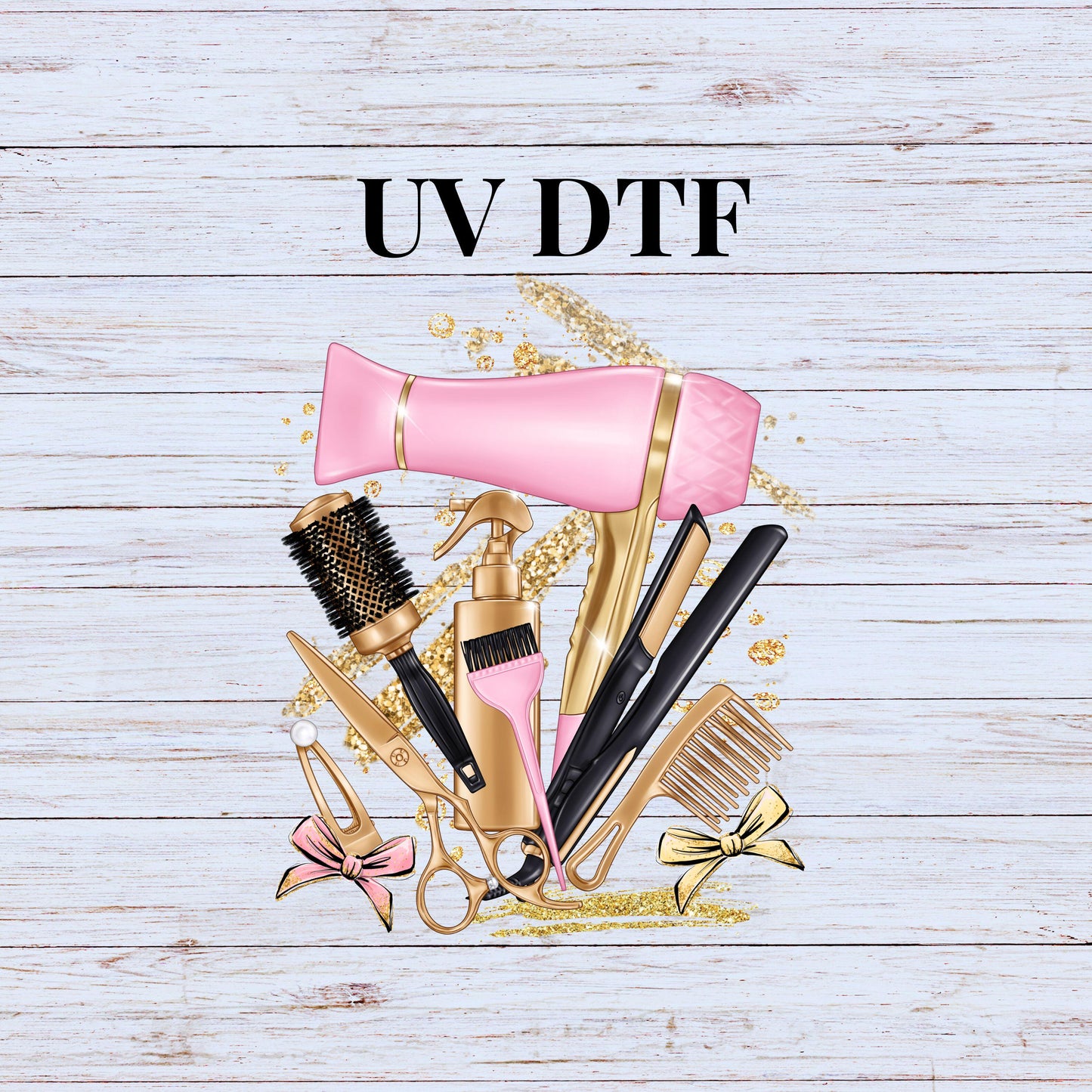 UV DTF Sticker prints. Hair stuff pink and gold hairdresser decal, permanent sticker. UV wrap for glass can tumbler. #10067