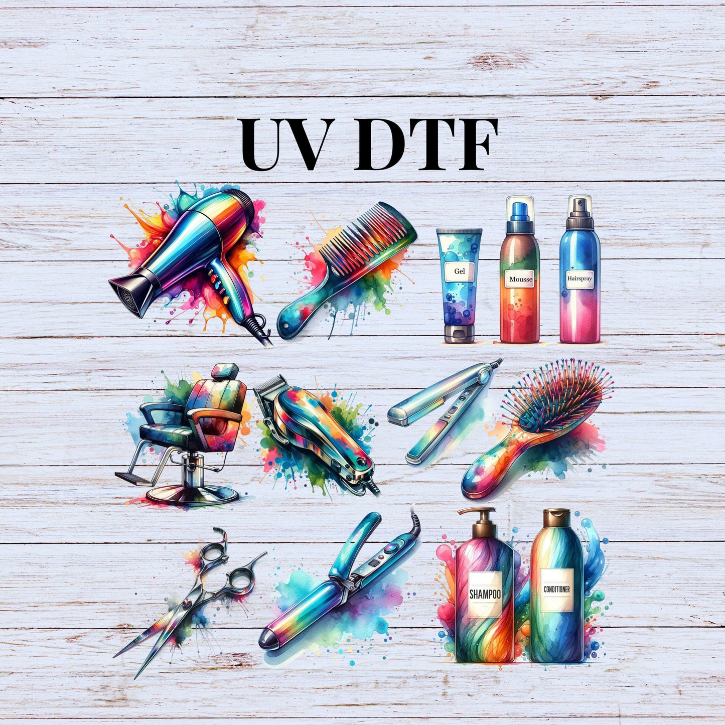 UV DTF Sticker prints. Hairdresser element sheet bundle of 10 decals, permanent sticker. UV wrap for glass can tumbler. #10068