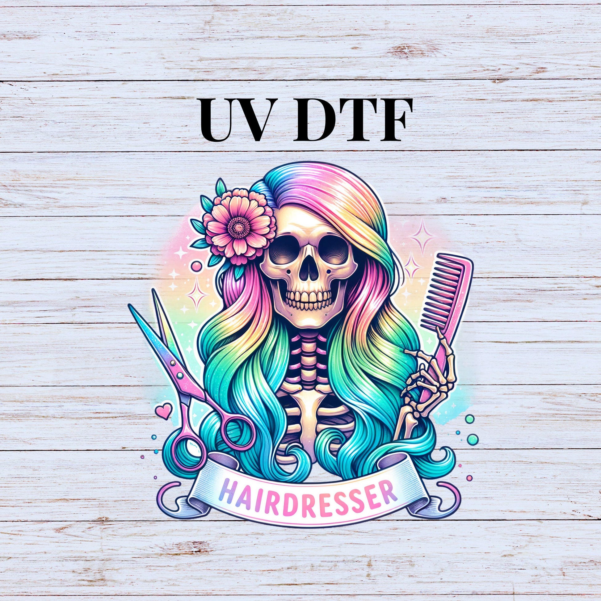 UV DTF Sticker print. Hairdresser Skeleton decal, tumbler decal, permanent sticker. Uv wrap for glass can tumbler. #4233