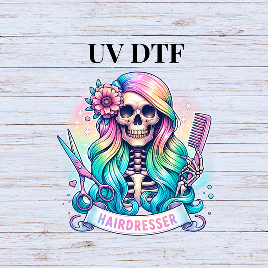 UV DTF Sticker print. Hairdresser Skeleton decal, tumbler decal, permanent sticker. Uv wrap for glass can tumbler. #4233