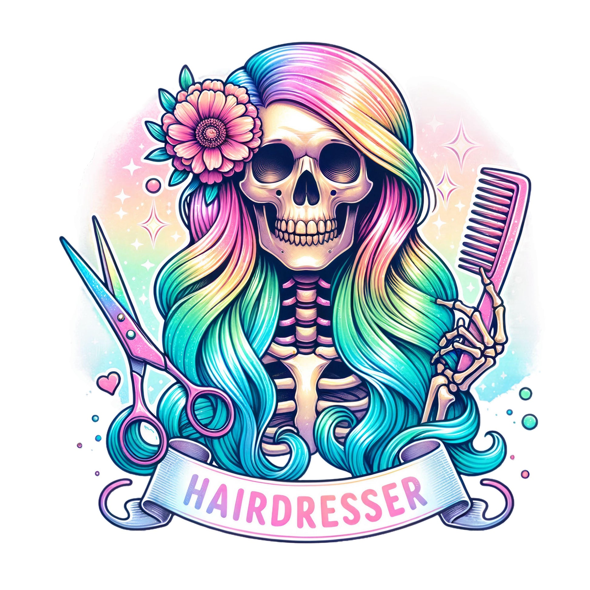 UV DTF Sticker print. Hairdresser Skeleton decal, tumbler decal, permanent sticker. Uv wrap for glass can tumbler. #4233