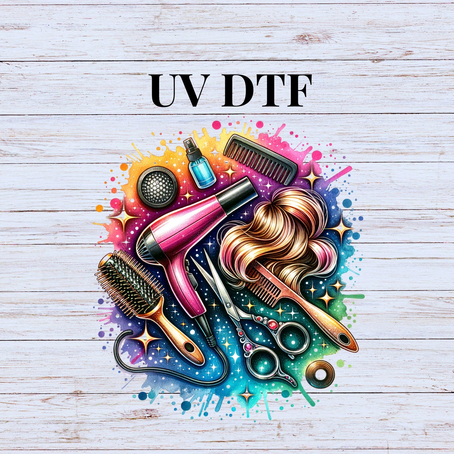 UV DTF Sticker print. Hairdresser Splatter decal, tumbler decal, permanent sticker. Uv wrap for glass can tumbler. #10069