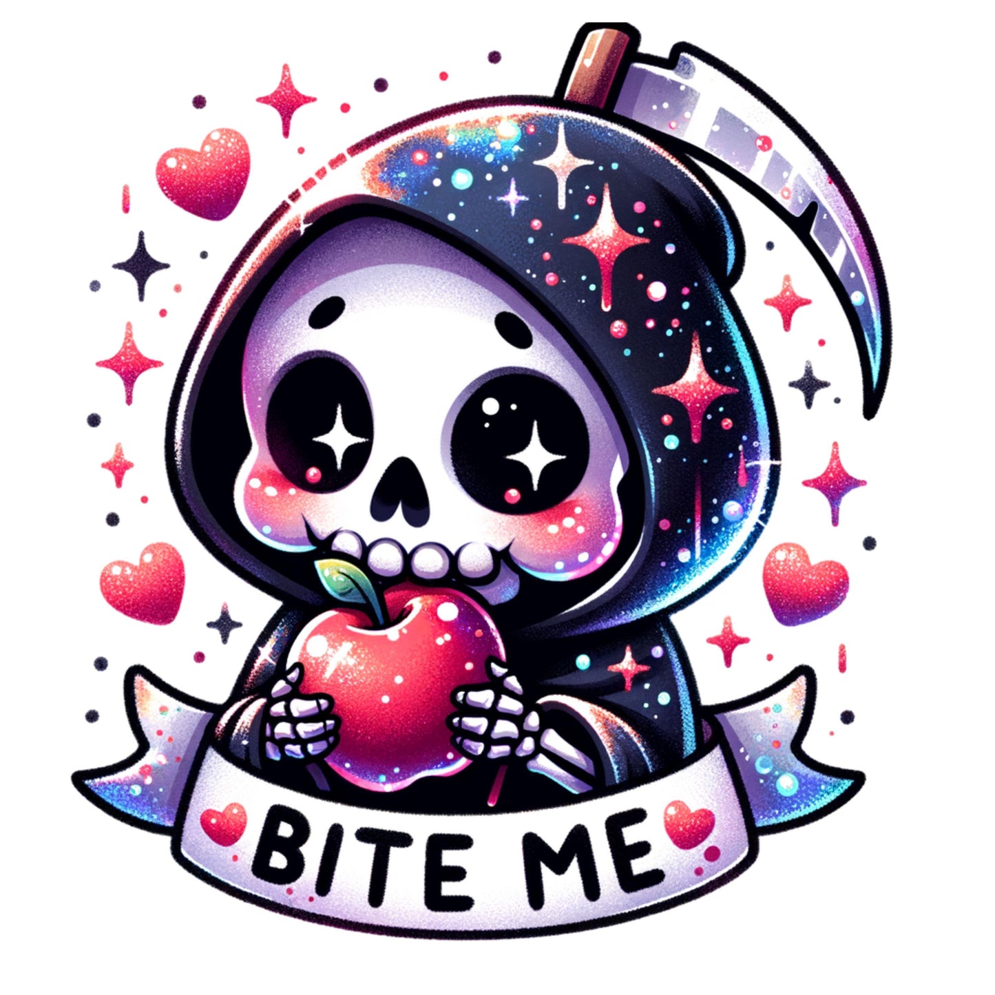 UV DTF Sticker print. Bite Me cute skeleton and apple decal, tumbler decal, permanent sticker. Uv wrap for glass can tumbler. #4239