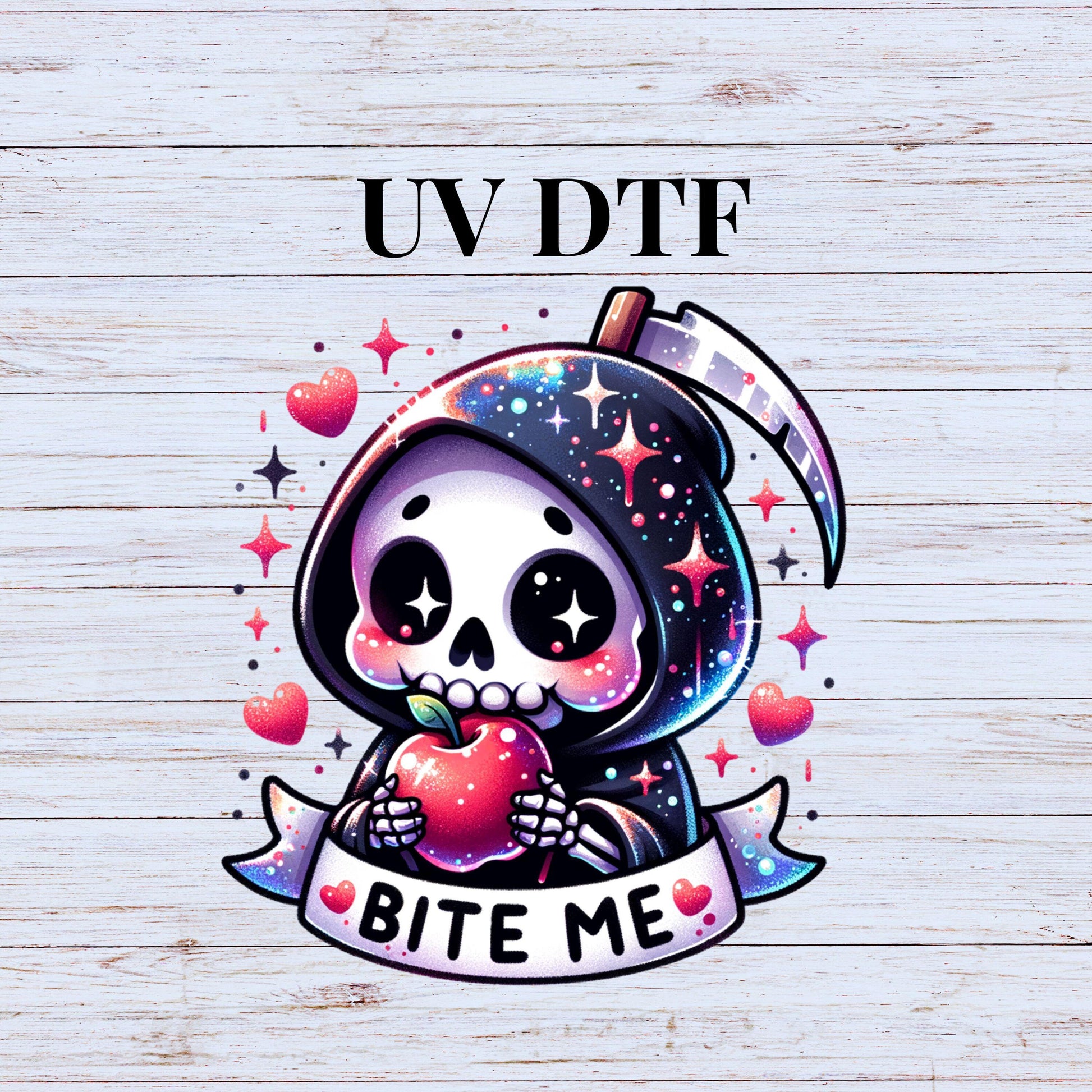 UV DTF Sticker print. Bite Me cute skeleton and apple decal, tumbler decal, permanent sticker. Uv wrap for glass can tumbler. #4239