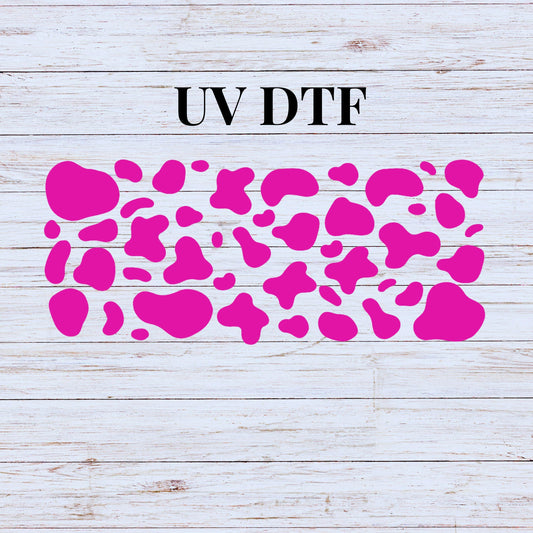 UV DTF Sticker print. Hot Pink Cow spots wrap decal, tumbler decal. UV wrap for glass can tumbler. #5178