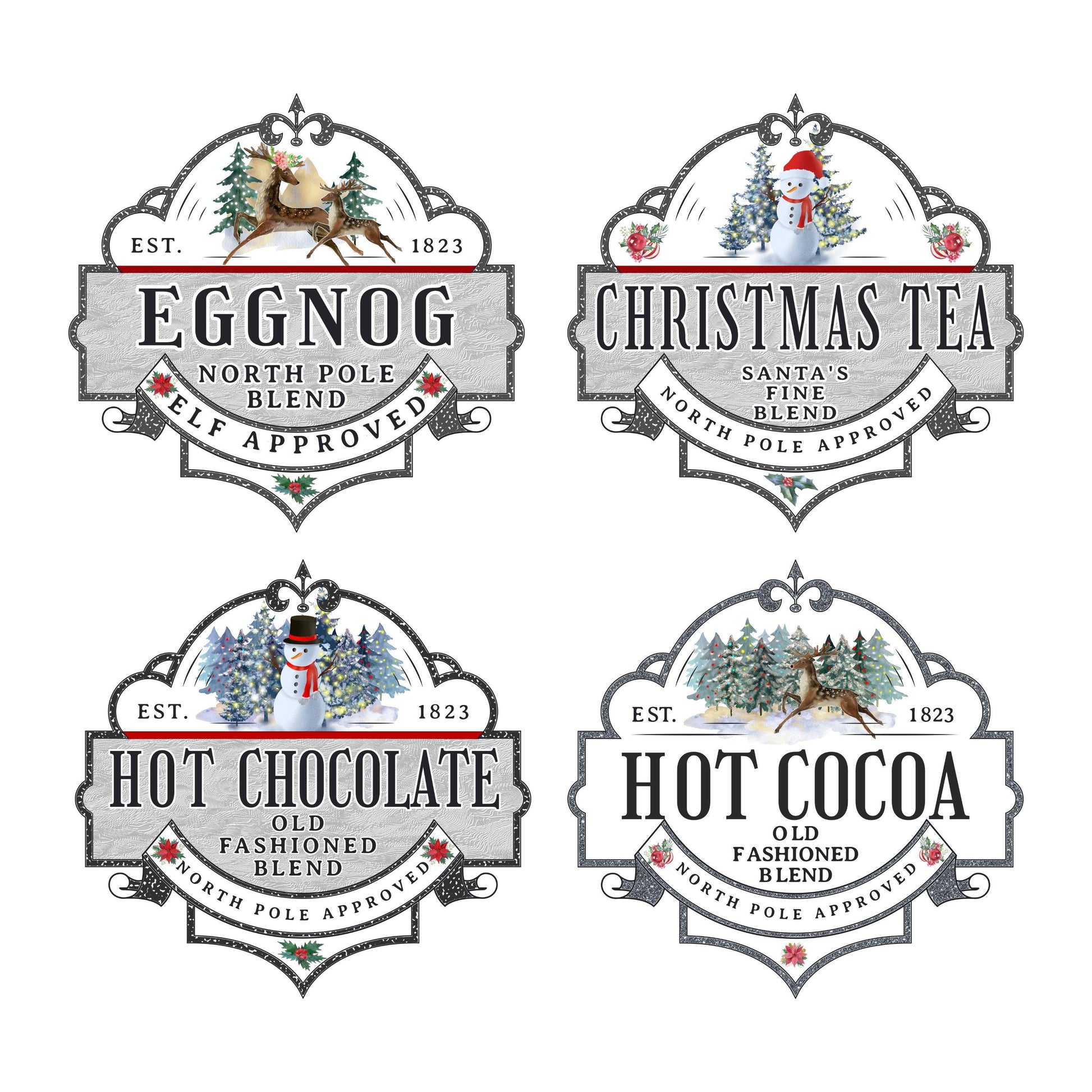 UV DTF Sticker print. Old Fashion Christmas labels for hot cocoa, tea and egg nog decal, tumbler decal. UV wrap for glass can tumbler.#7096