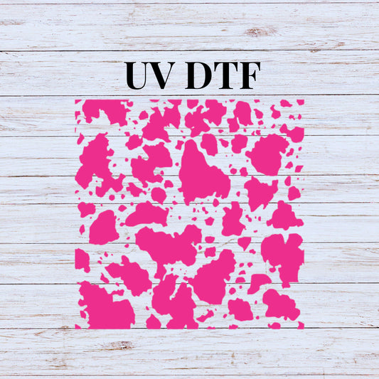 UV DTF Sticker print Cow spot cow hide hot pink decal, tumbler decal, permanent sticker. Uv wrap for glass can tumbler. #10073