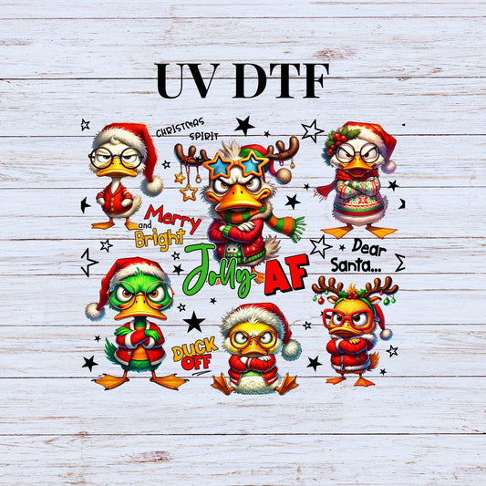 UV DTF Sticker print. Jolly af duck Christmas 20 oz tumbler wrap decal, glass can tumbler decal. UV wrap for glass can tumbler. #5193