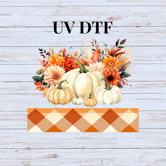 UV DTF Sticker print. Pumpkin Fall Plaid 20 oz tumbler wrap decal, glass can tumbler decal. UV wrap for glass can tumbler. #5194