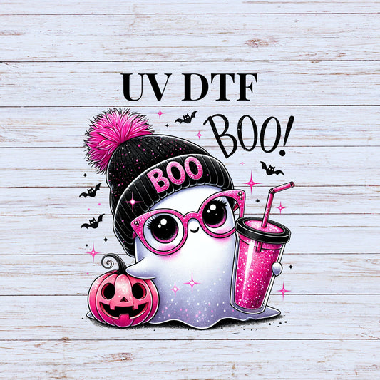 UV DTF Sticker print Pink Boo Ghost with beanie cute decal, tumbler decal, permanent sticker. #7109