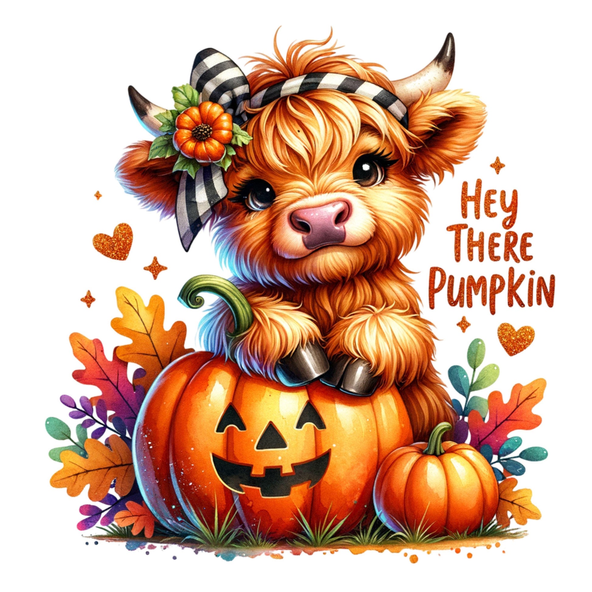 UV DTF Sticker print Hey there pumpkin cute cow with fall leaves and bow cute decal, tumbler decal, permanent sticker. #7113