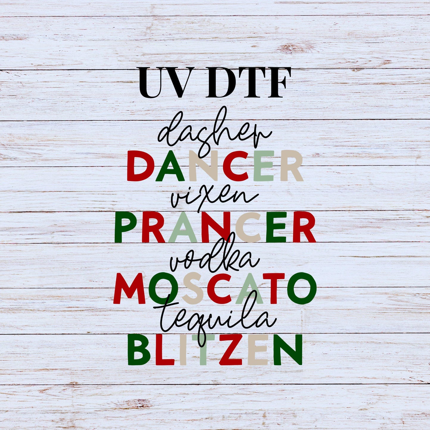 UV DTF Sticker print Reindeer names funny alcohol Christmas decal, tumbler decal, permanent sticker. #7129