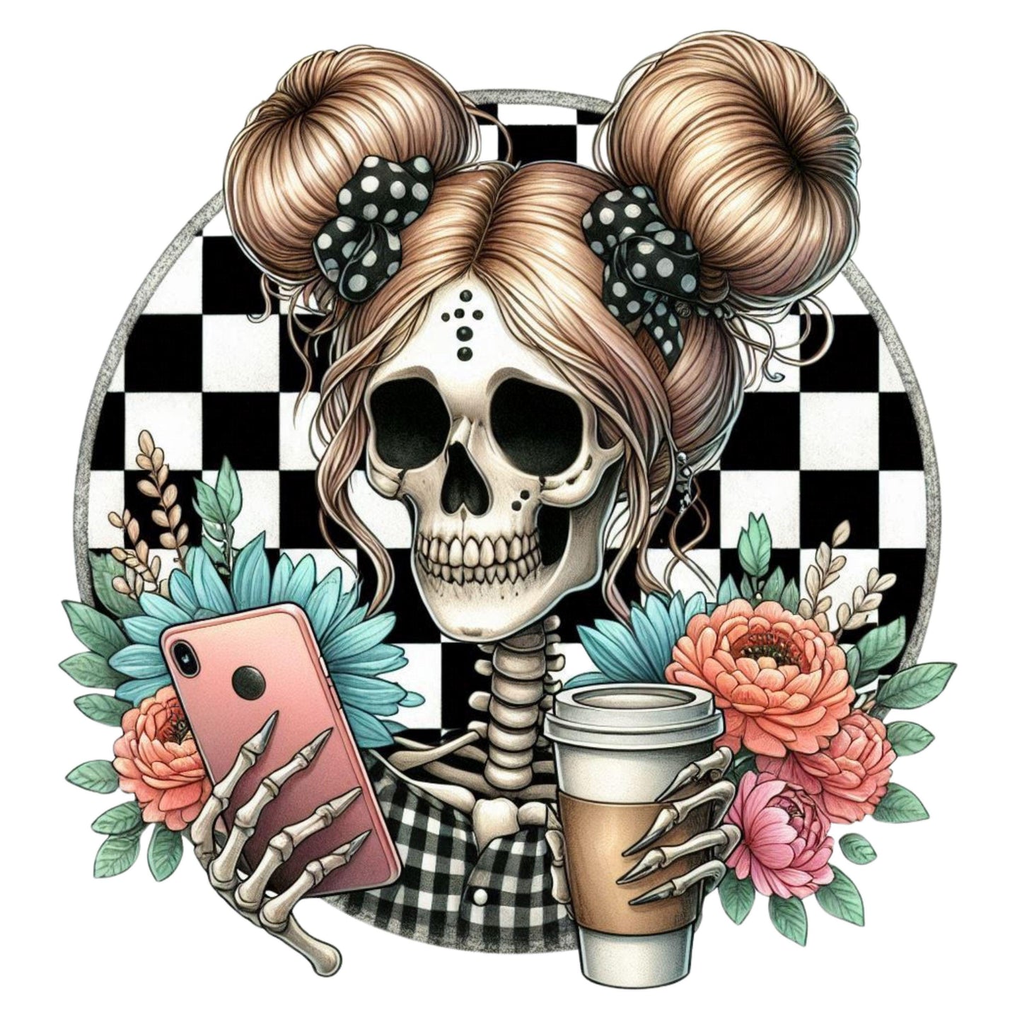 UV DTF Sticker print Mom bun coffee skeleton black and white checkered decal, tumbler decal, permanent sticker. #10074