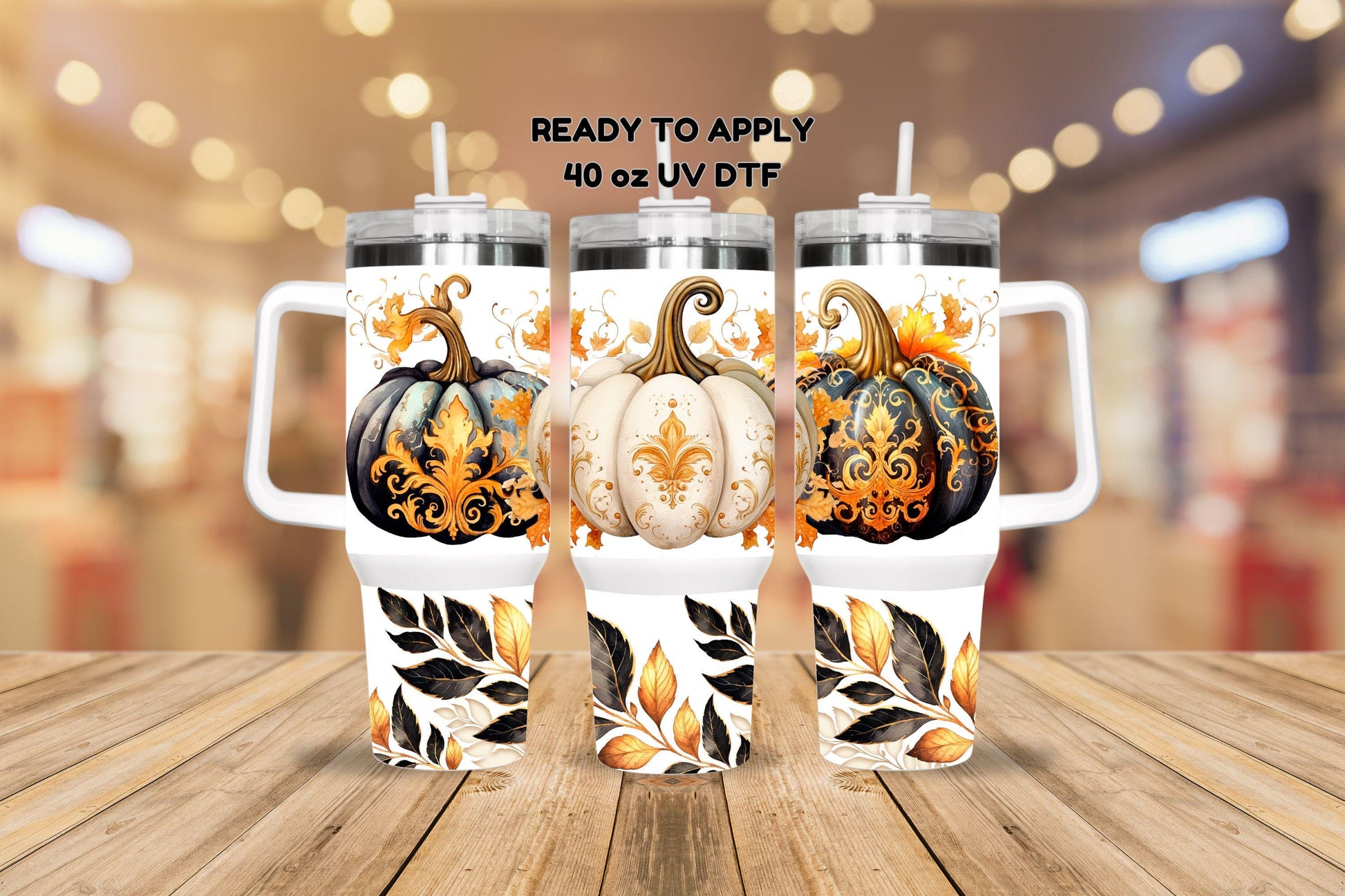 UV DTF 40 oz ready to apply Black and Gold pumpkins Fall wrap decal , permanent sticker. UV wrap quencher #3037