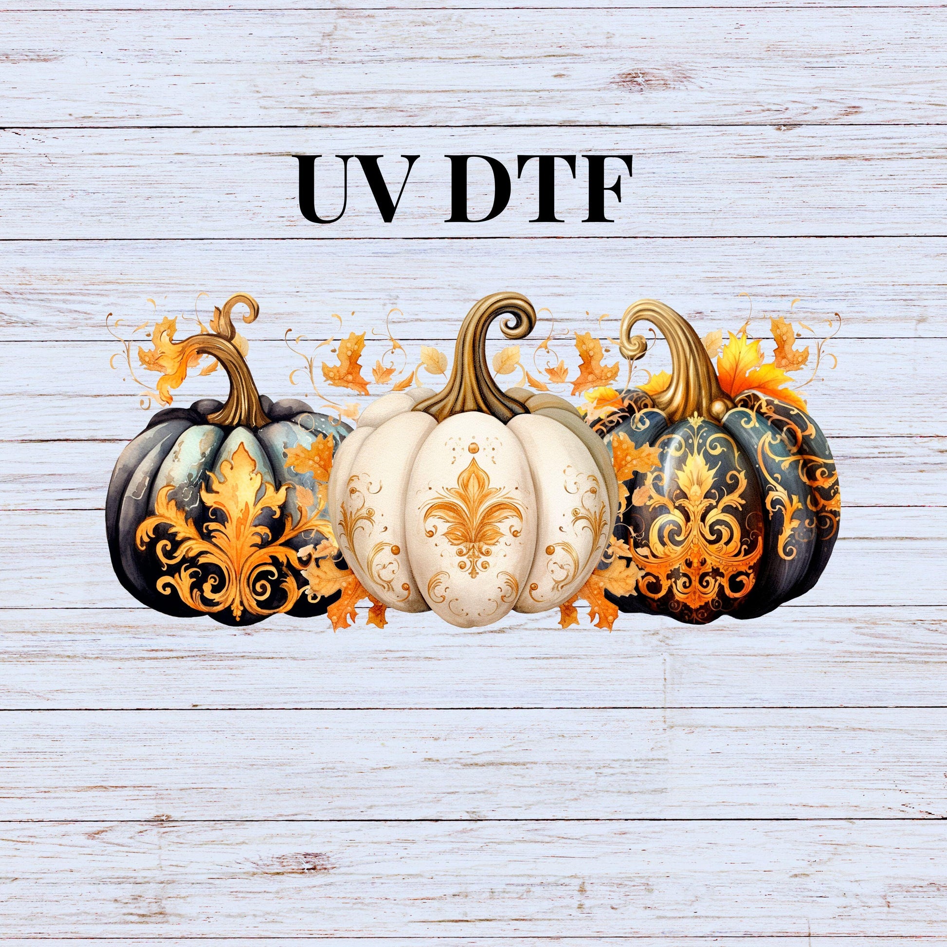 UV DTF Sticker print. Black and Gold Pumpkins wrap decal, tumbler decal. UV wrap for glass can tumbler. #5182