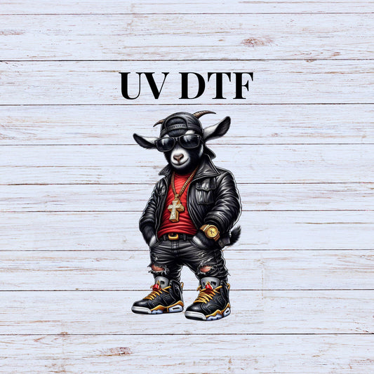 UV DTF Sticker print. Gangster Goat with chain decal, tumbler decal, permanent sticker. UV for glass can tumbler. #1039