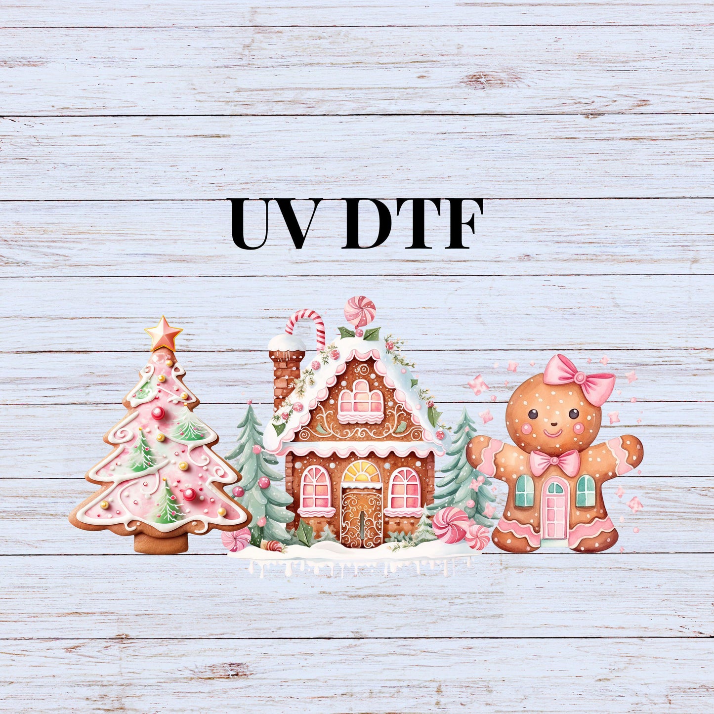 UV DTF Sticker print Christmas Gingerbread House pink wrap decal, tumbler decal, permanent sticker. Uv wrap for glass can tumbler. #7137