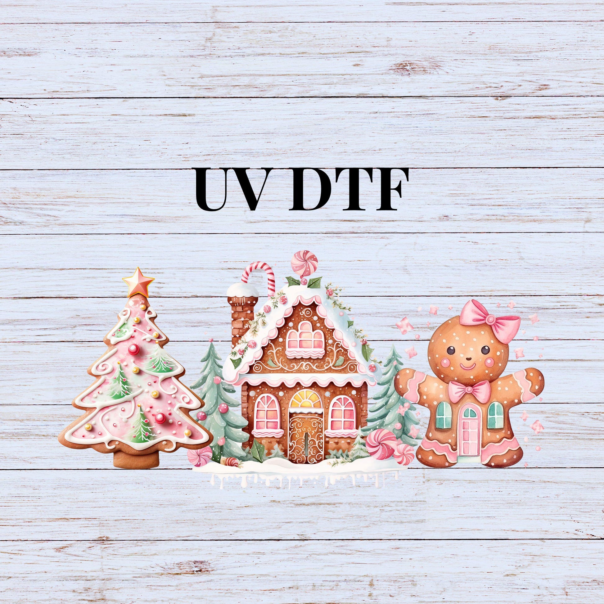 UV DTF Sticker print Christmas Gingerbread House pink wrap decal, tumbler decal, permanent sticker. Uv wrap for glass can tumbler. #7137