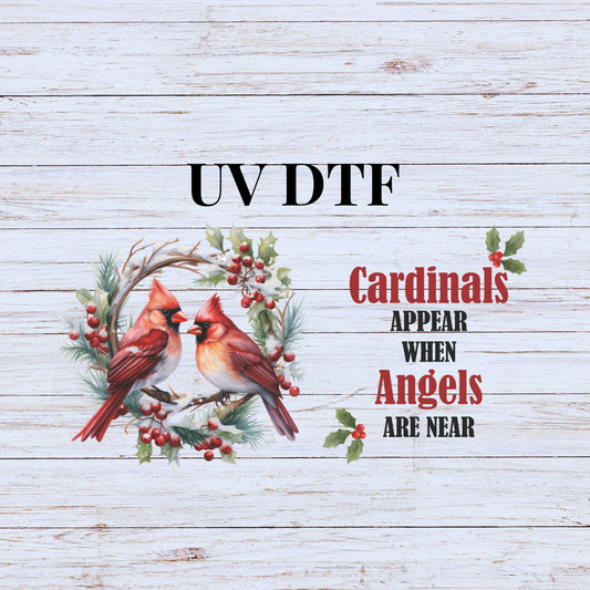 UV DTF Sticker print. Cardinals appear with angels are near Can or tumbler wrap decal, tumbler decal. UV wrap for glass can tumbler. #5199