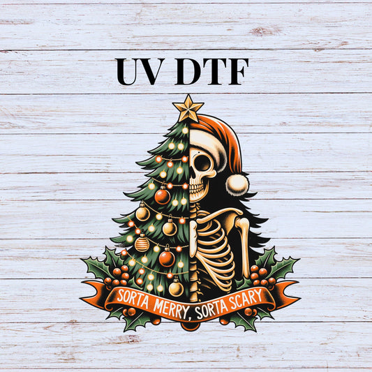 UV DTF Sticker print. Sorta Merry Sorta Scary Skull, tumbler decal. UV wrap for glass can tumbler.#7085