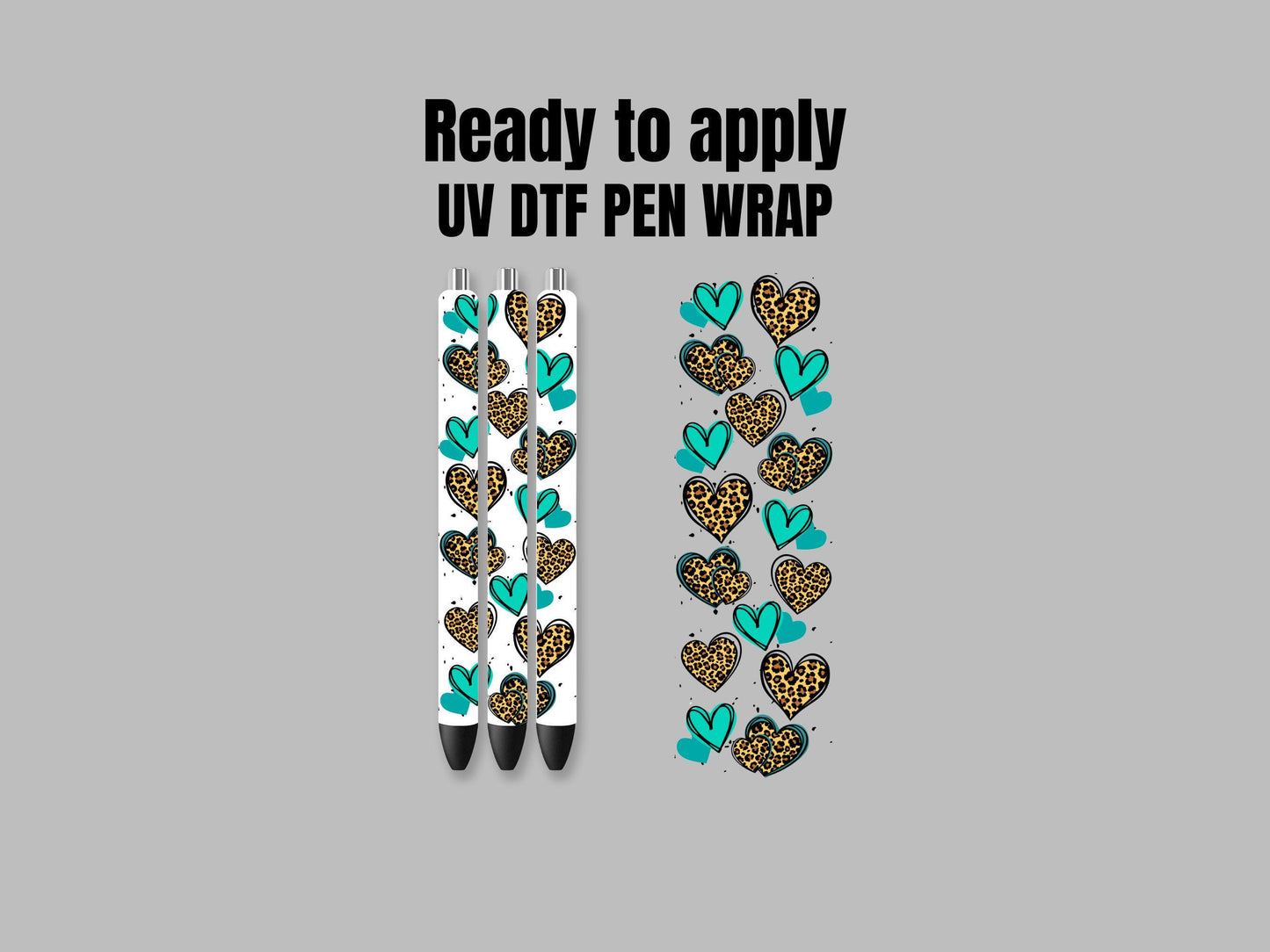 UV DTF Pen Wrap Ready To Apply Sticker Print. Teal Cheetah Hearts with clear backing Uv Pen wrap. #8014