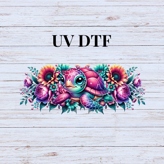 UV DTF Sticker print. Teal Purple Sea Turtle Cute w/ flowers can or tumbler wrap decal, tumbler decal. UV wrap for glass can tumbler. #5205