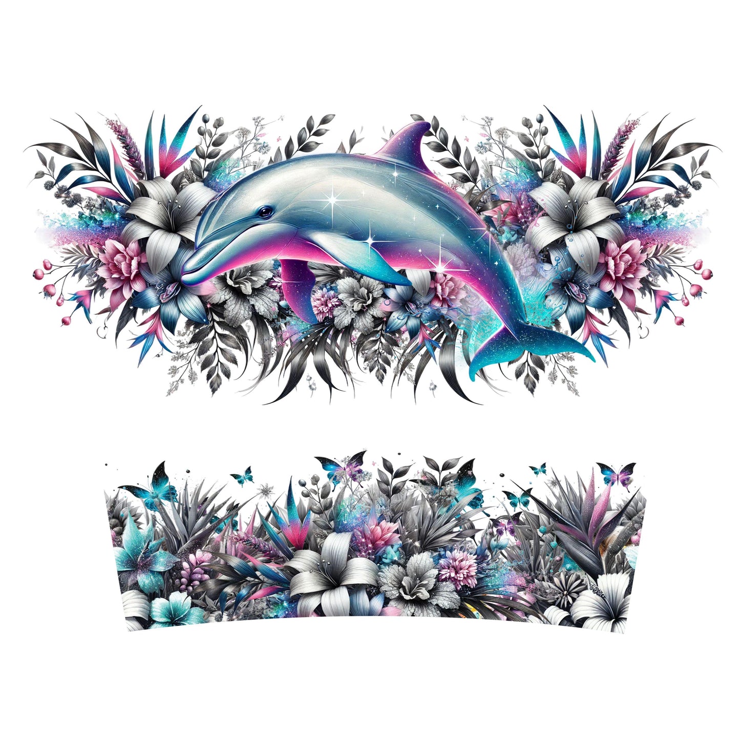 UV DTF 40 oz ready to apply Dolphin flower wrap decal , quencher tumbler decal, permanent sticker. UV wrap quenchers . #3048