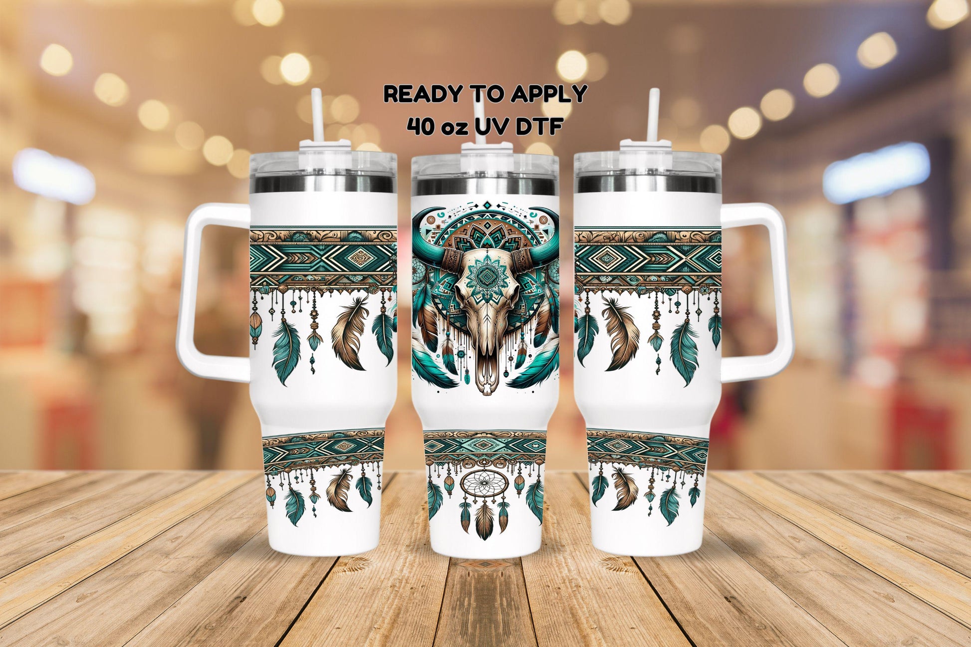 UV DTF 40 oz ready to apply Teal Bull Skull western wrap decal , quencher tumbler decal, permanent sticker. UV wrap quenchers . #3049