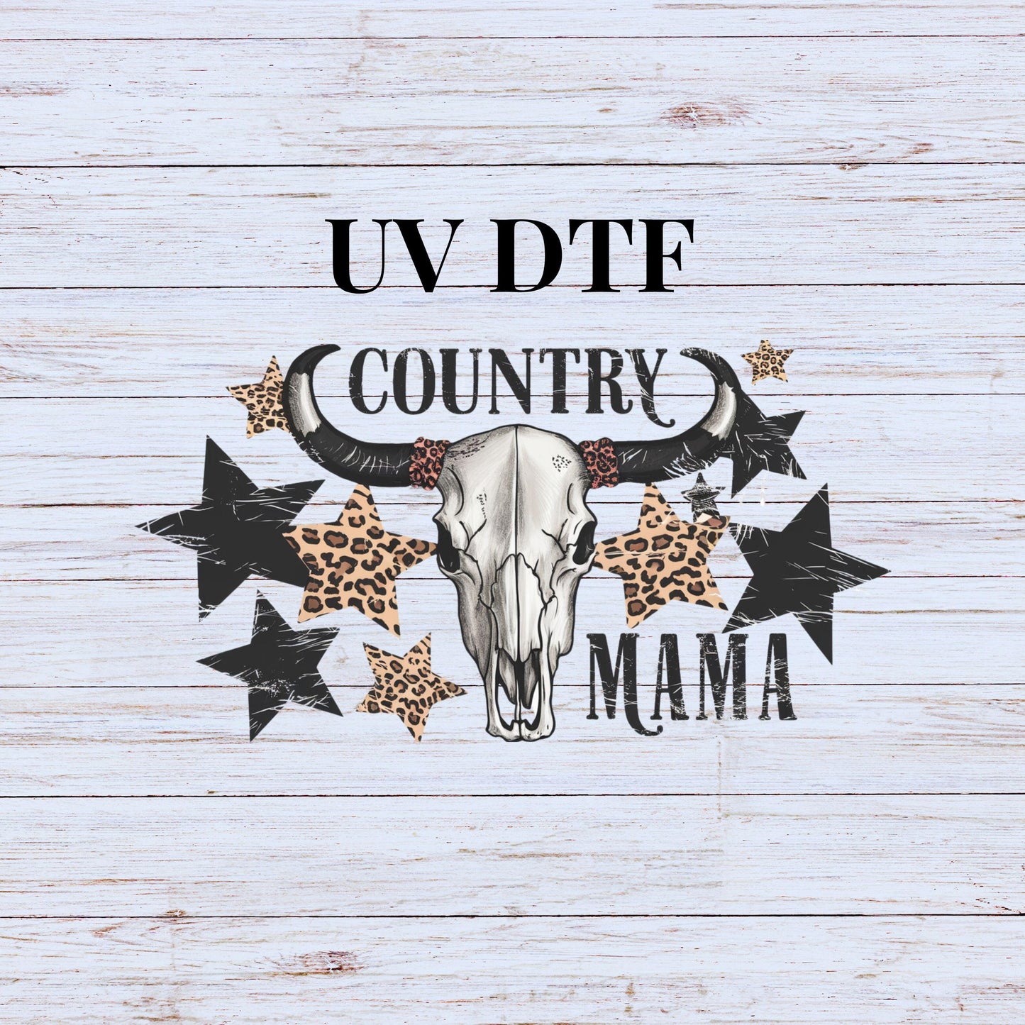 UV DTF Sticker print. Country Mama w/ bull skull and stars can or tumbler wrap decal, tumbler decal. UV wrap for glass can tumbler. #5206