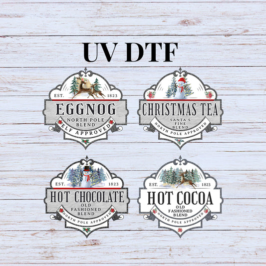 UV DTF Sticker print. Old Fashion Christmas labels for hot cocoa, tea and egg nog decal, tumbler decal. UV wrap for glass can tumbler.#7096