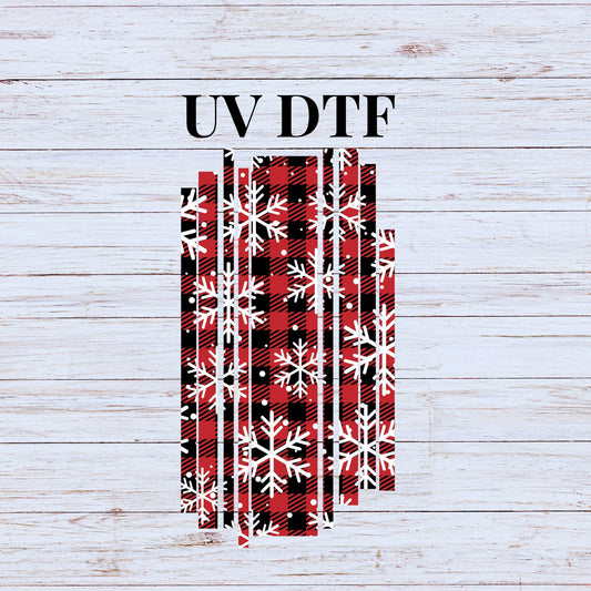 UV DTF Sticker print. Buffalo Check Strips with snowflakes decal, tumbler decal. UV wrap for glass can tumbler.#7097