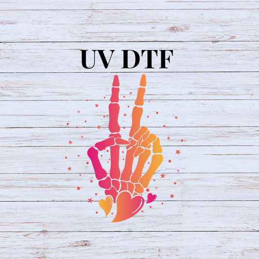 UV DTF Sticker print Ombre Skull fingers peace sign decal, tumbler decal, permanent sticker. #10078