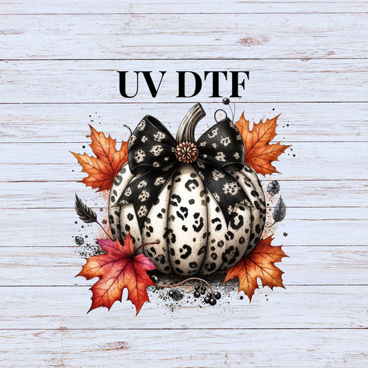 UV DTF Sticker print Cheetah pumpkin with fall leaves and bow cute decal, tumbler decal, permanent sticker. #7111