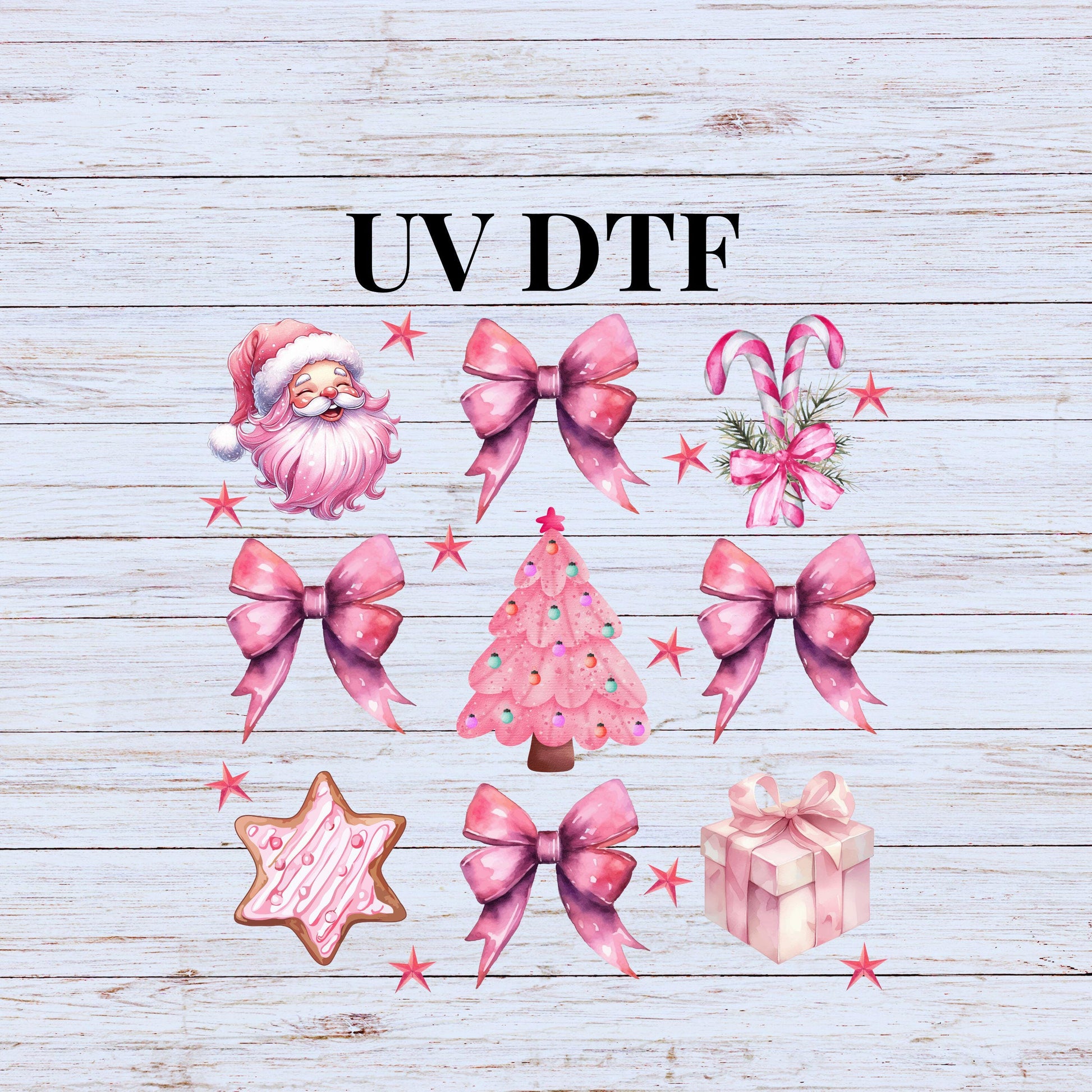 UV DTF Sticker print. Pink Christmas croquette with Santa, Cookies, Trees and bows decal, tumbler decal, permanent sticker, tumbler. #7118