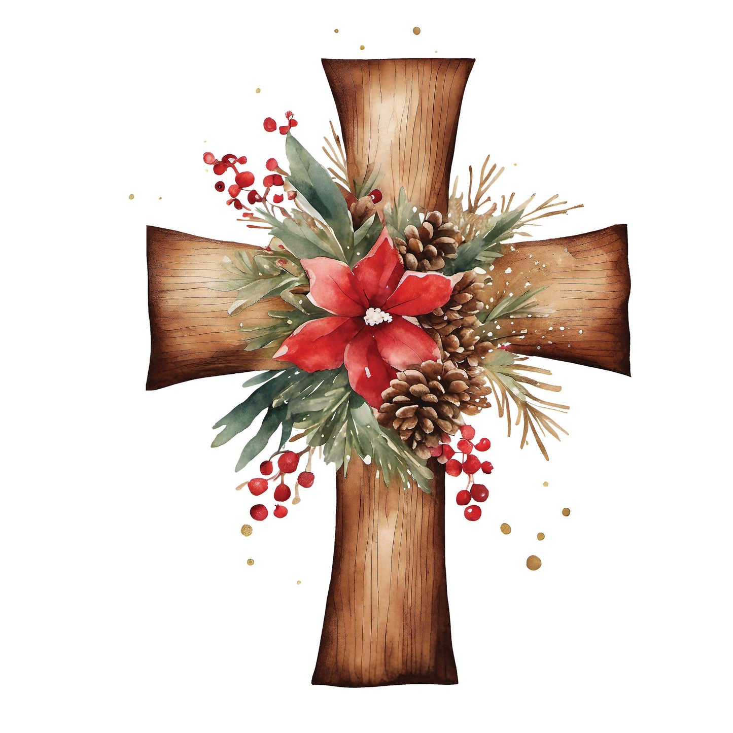 UV DTF Sticker print Wood Cross with Christmas flowers decal, tumbler decal, permanent sticker. #7127