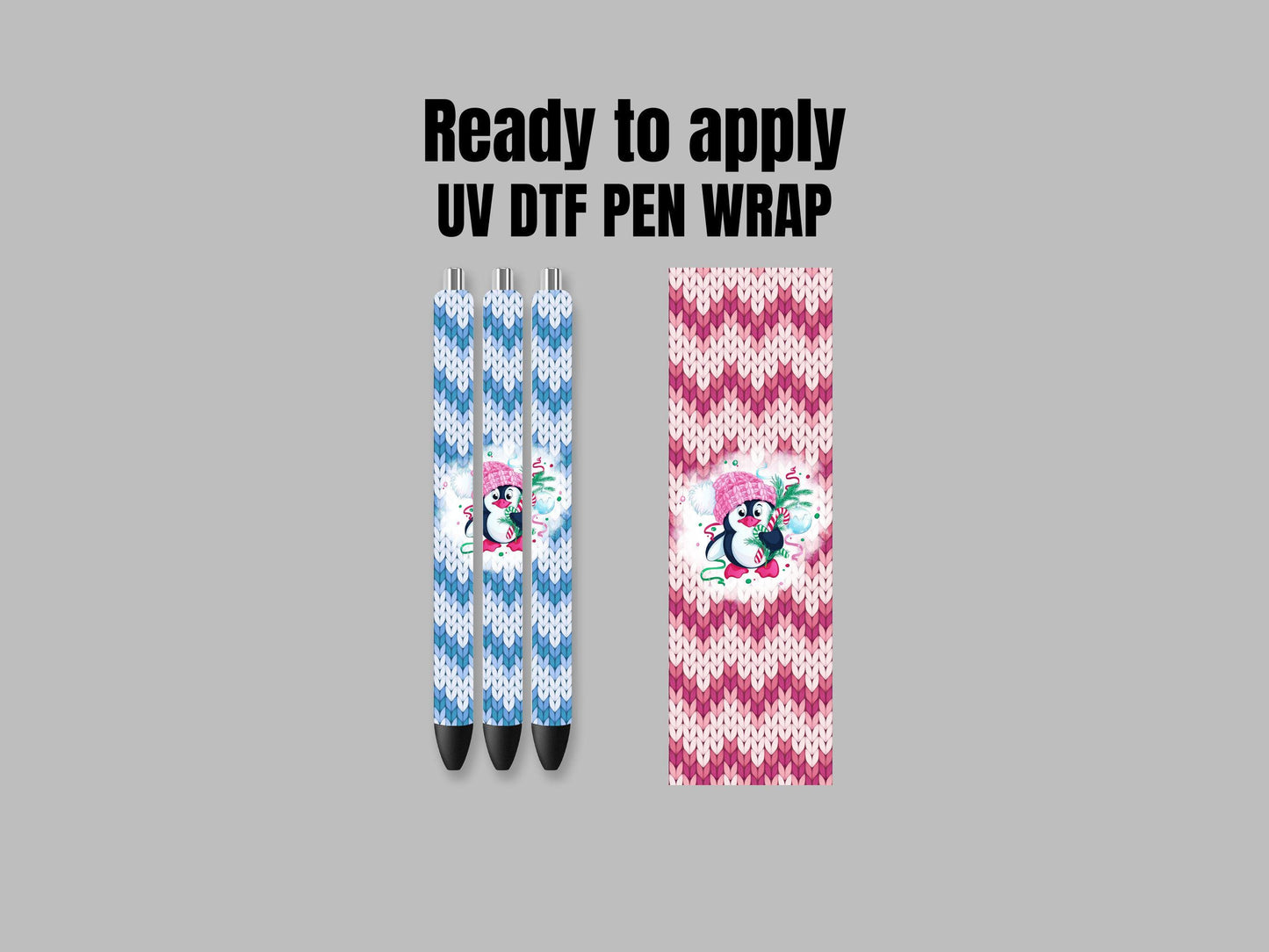 UV DTF Pen Wrap Ready To Apply Sticker Print. Full color Christmas Penguin knit Bundle of 2 Uv Dtf Pen wrap. #8024