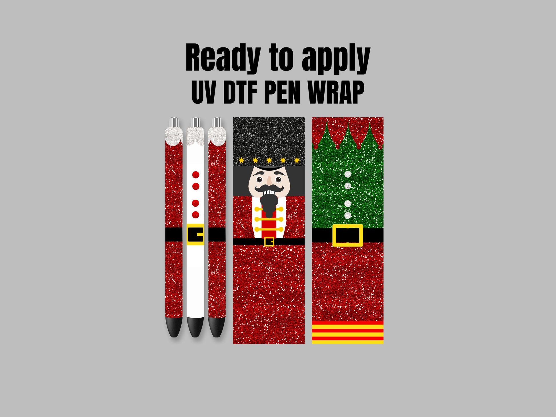 UV DTF Pen Wrap Ready To Apply Sticker Print. Full color Christmas Santa, Elf and Nutcracker Bundle of 3 Uv Dtf Pen wrap. #8025