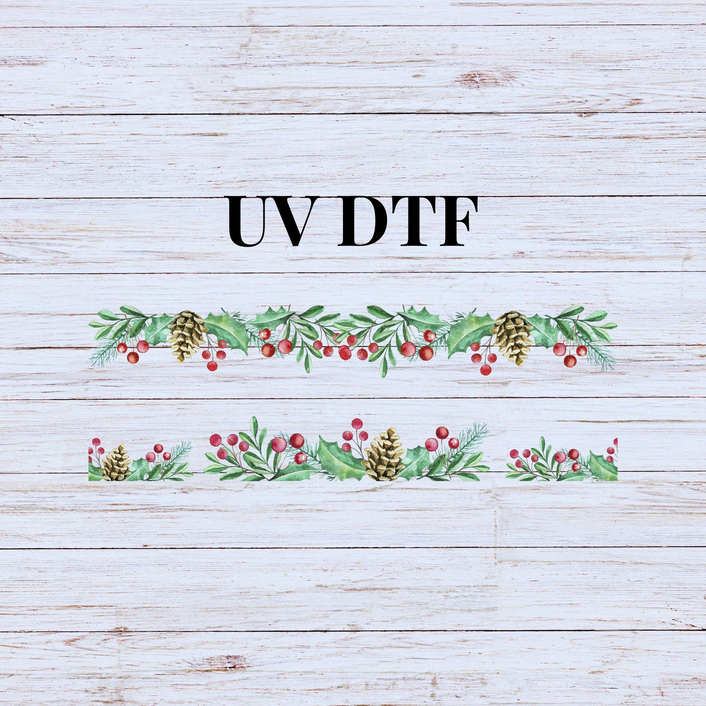 UV DTF Sticker print Holly leaves and pine cone wrap decal, tumbler decal, permanent sticker. #10090