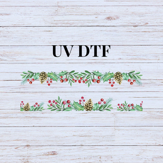 UV DTF Sticker print Holly leaves and pine cone wrap decal, tumbler decal, permanent sticker. #10090