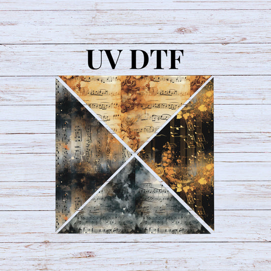 UV DTF Sticker print. Music notes black and gold 4 triangle V Split Helper tumbler wrap decal, tumbler decal. UV wrap for tumbler. #5213