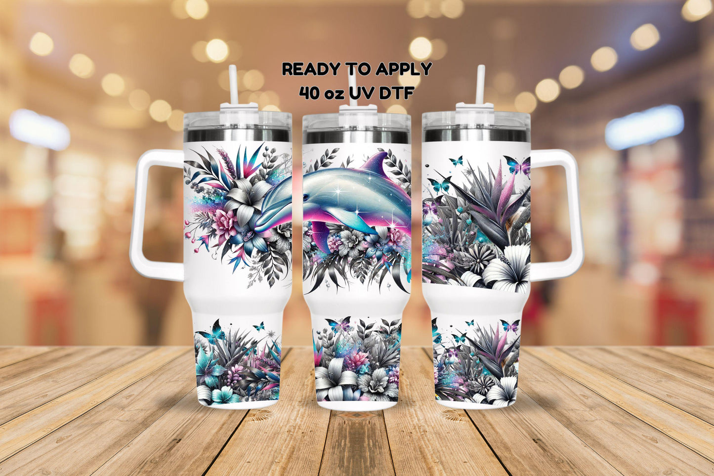 UV DTF 40 oz ready to apply Dolphin flower wrap decal , quencher tumbler decal, permanent sticker. UV wrap quenchers . #3048