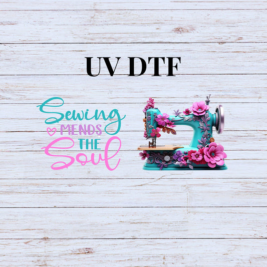 UV DTF Sticker print. Sewing mends the soul seamstress can or tumbler wrap decal, tumbler decal. UV wrap for glass can tumbler. #5207