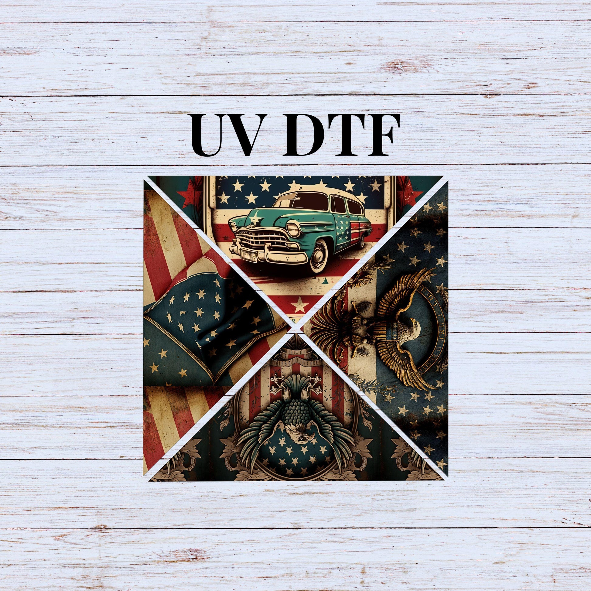 UV DTF Sticker print. Vintage car and Patriotic Eagle 4 triangle V Split Helper tumbler wrap decal, tumbler decal. UV wrap. #5213