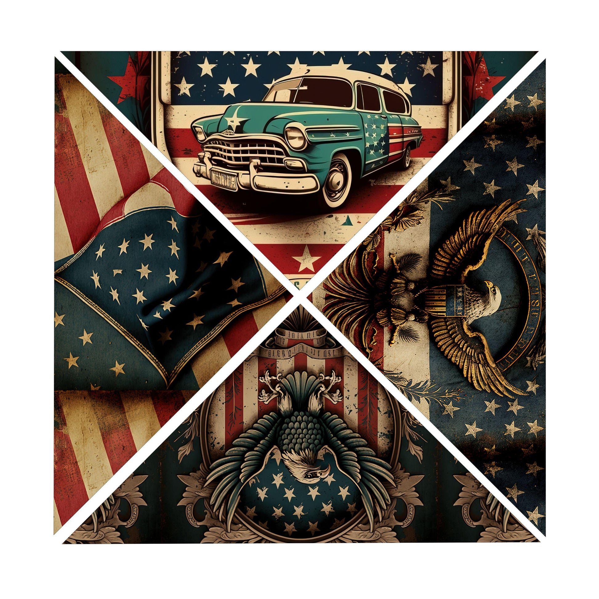 UV DTF Sticker print. Vintage car and Patriotic Eagle 4 triangle V Split Helper tumbler wrap decal, tumbler decal. UV wrap. #5213