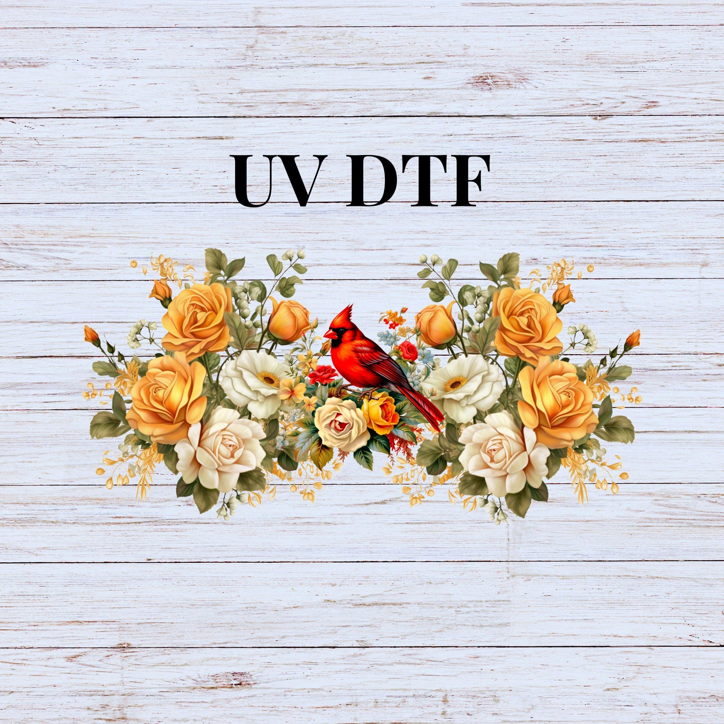 UV DTF Sticker print. Red Cardinal w/ yellow flowers Can or tumbler wrap decal, tumbler decal. UV wrap for glass can tumbler. #5209